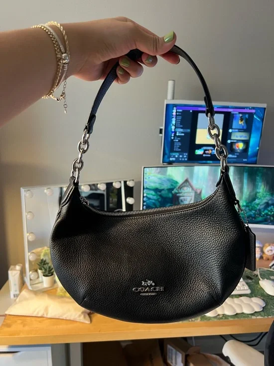 Coach Black Pebbled Leather Crescent Shoulder Bag with Silver Hardware - Picture 1 of 3